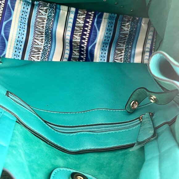 •SOLD•| Green Studded Embellishing Large Tote Fringe Contrast Lining - VG - Picture 6 of 9